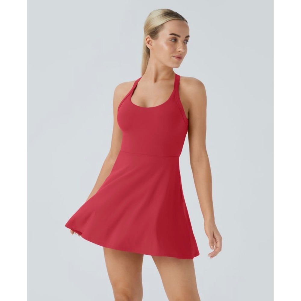 Halara Softly Zero Dress M Red Halter Twist Back Built-in Shorts Dance Active